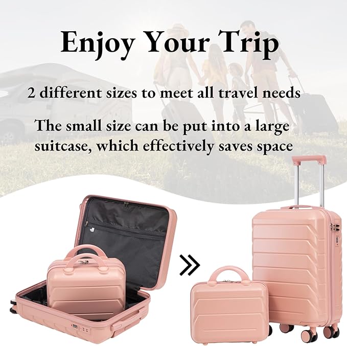 2-Piece ABS Hard Shell Lightweight Carry-On Luggage Set (14" & 20"), 360-Degree Spinner Wheels, Adjustable Telescopic Handle and Combination Lock for Travel, Pink