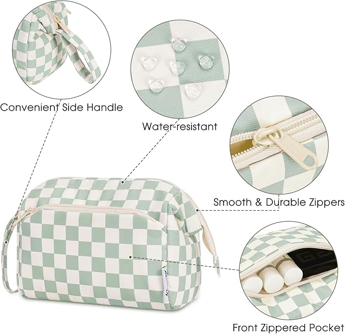 Narwey Makeup Bag Women Girls, Travel Toiletry Bag for Women Cosmetic Bag Organizer Make up Bag with Compartments Toiletries Medicine Bag (Mint Green Checkerboard)