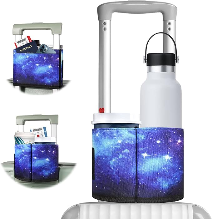 ACdream Luggage Cup Holder, Suitcase Drink Carrier, Free Hand Portable Water and Coffee Caddy Attachment, Flight Attendant Gift Gadgets, Airport Travel Accessories for Airplane, Blue Sky