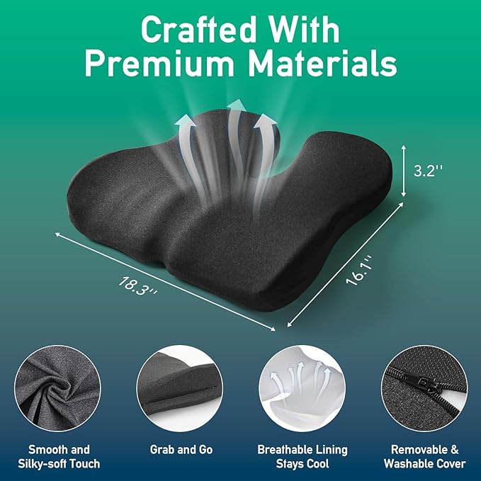 Ergonomic Seat Cushion for Office Chair – High-Density Memory Foam Support with U-Shaped Coccyx Cut-Out, Stable Comfort for Long Sitting, Enhanced Non-Slip Bottom & Washable Cover