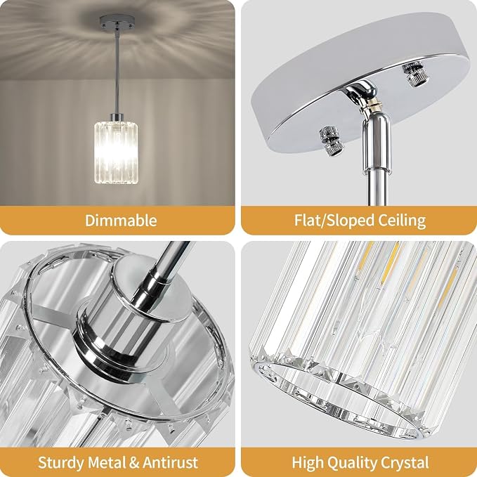 Chrome Pendant Lights Over Island Modern Crystal Kitchen Lighting Fixtures | 1 Pack Adjustable Entryway Ceiling Lights, Hanging Pendant Light for Dining Room Bathroom Hallway Above Sink