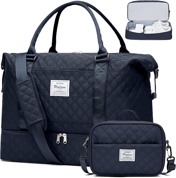 Weekender Bags for Women, Carry on Overnight Weekend Travel Duffel Bag with Shoes Compartment &Toiletry Bag, Personal Item Bag for Travel Business Trips Sport Hospital，Grid-NavyBlue