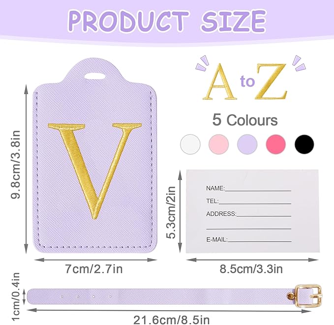 Unique Initial Letter Luggage Tags for Suitcases, Monogrammed Suitcase Luggage Identifier Tag,PU Leather TSA Approved Luggage Tags,Bag Tags for Men Women Kids Luggage Baggage(Purple V)