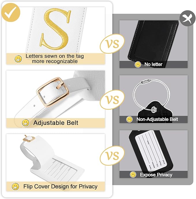 Personalized Initial Luggage Tags for Suitcases, Cute PU Leather Embroidered Letter Travel Luggage Tags, Suitcase Identifier Name Baggage Tag, Bag Tags for Men Women Kids Luggage Handbags(White S)