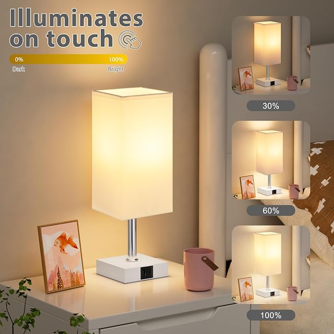 Touch Table Lamp for Bedroom - Dimmable, USB C+A, White Lamphade White Base | 3-Way Dimmable, 3000K LED Bulb Included, Square Lampshade, Cute Room Decor for Teen Girls, Kids, Small Lamp for Dorm, Nursery