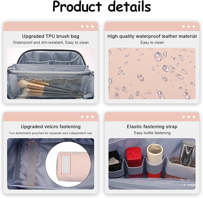 BOYATU Travel Makeup Bag Organizer Cosmetic Bag: 3 Pcs Set Make up Bags for Women with Handle - Waterproof Vegan Leather Toiletry Bags Travel Essentials Pouch with Compartments (A-09-Pink)