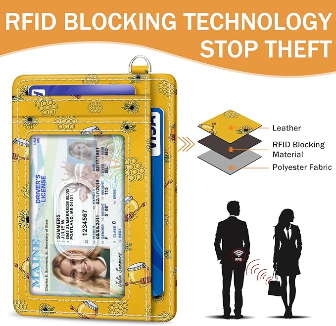 Yonlevres Credit Card Holder Slim Wallet, Bee RFID Wallet Women Front Pocket Small Card Holder, Travel Cute Funny Thin Card Case ID Window PU Leather RFID Blocking Card Organizer Gifts Girls Ladies