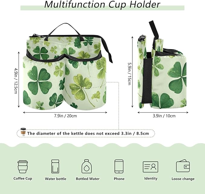 Green Natural St Patrick Clovers Luggage Cup Holder Travel Portable Free Hand Drink Carrier Suitcase Drinks Beverage Holder Carry-On Bottle Mug Holder Organizer Bag Travelers Accessories