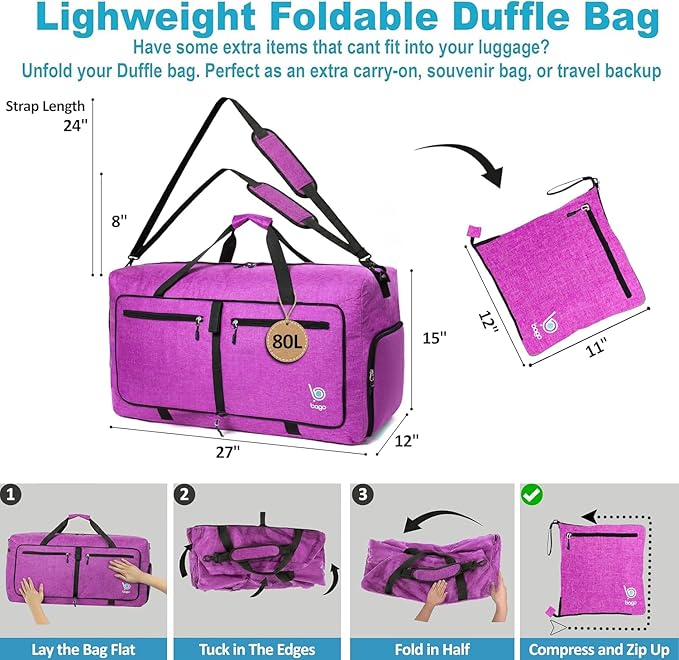 Bago Large Duffle Bag for Travel Women & Men. Durable Lightweight Foldable Travel Duffel Bags For Traveling Women. 80L Duffle Bags For Overnight Bag With Shoe Compartment Collapsible Weekender duffel