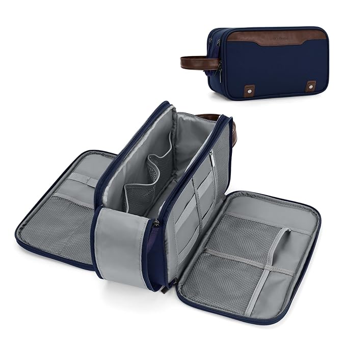 Wedama Toiletry Bag for Men, Large Hanging Travel Toiletry Bag, Extra Electronic Organizer Bag Waterproof Shaving Bag for Toiletries with PU Handle for Travel Business Trips Swim Camping, Blue