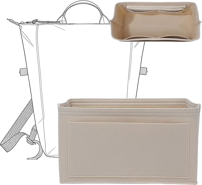 Doxo Backpack Organizer Insert for Longchamp Le Pliage L Backpack | Felt Material with 8 Compartments & YKK Zipper Pocket | Custom-Fit Longchamp Backpack Insert (LB, Beige)