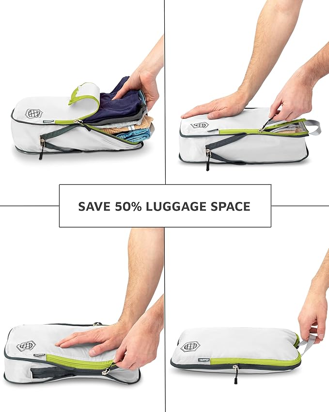 Compression Packing Cubes 6 Piece Set for Carryon Suitcases- Lightweight, Durable Clothes Organizer (White and Green)