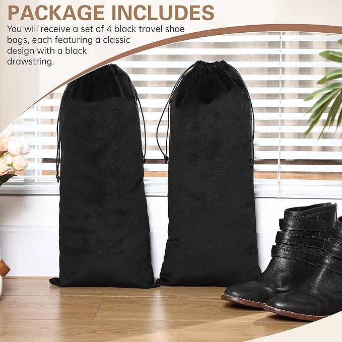 Amylove 4 Pcs Flannel Cloth Shoe Bags for Travel, 8 x 17 Inches Dust Pouch with Drawstring Closure, Washable Breathable Cotton Fabric for Luggage (Black)