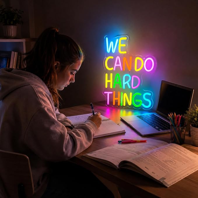 We Can Do Hard Things Neon Sign LED Motivational Light for Classroom Decor | Dimmable Positive Quote Neon Lights for Classroom, Gym, Kids Room, Library, Office, School Decor, Party Backdrop, USB powered