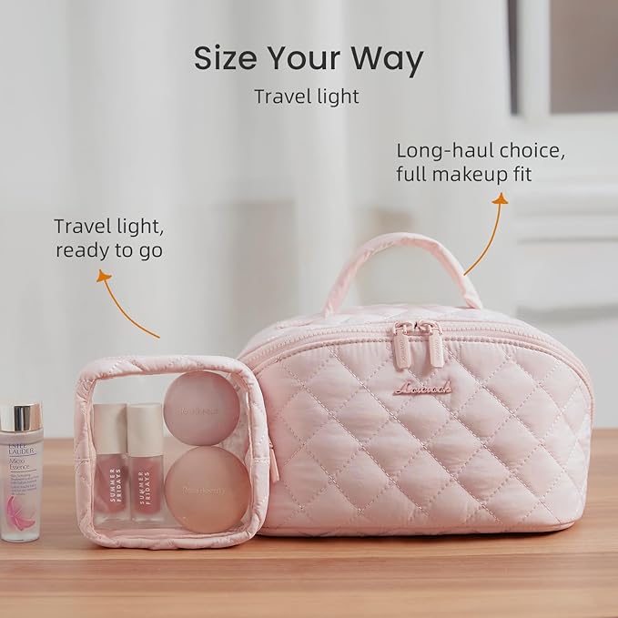 LOVEVOOK Travel Makeup Bag for Women, 2Pcs Puffer Waterproof Cosmetic Organizer, Large Capacity Pouch Open Flat Small Toiletry Bag with Brush Compartment & Handle (Pink, Large)