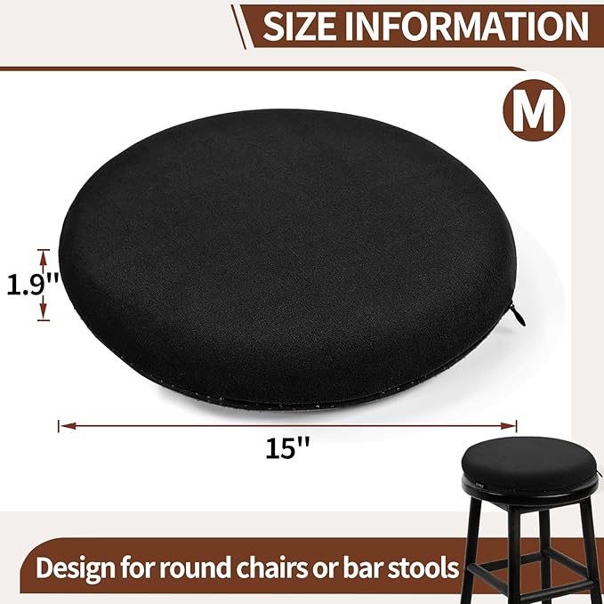 BUYUE Memory Foam Seat Cushion, Dia 15" Soft Velvet Round Stool Cushion Anti-Slip Chair Pads, M, Black