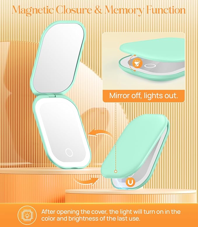 Gospire Lighted Travel Makeup Mirror with Light and Magnification, 3X Magnification Rechargeable Small Mirror with Three-Color Adjustable Light，Portable for Purse - Green
