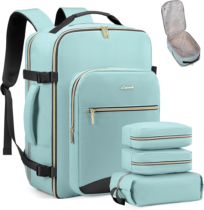 LOVEVOOK Travel Backpack for Women & Men 50L,Airline Approved Carry On Backpack Travel Essentials,TSA Carry on Luggage,Waterproof Personal Item Travel Bag,Suitcase with 3 Packing Cube,Mint green-Black