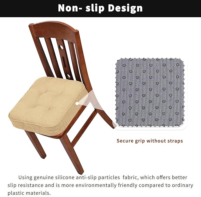 GOFORIT Memory Foam Cushion，Square Seat Cushions for Dining Chairs,Non-Slip Chair Pads with Removable Cover, 16'' x 16'', Khaki