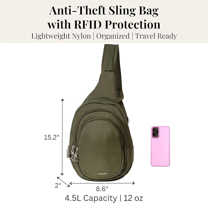 Baggallini Securtex® Anti-Theft Multi Zip Sling - Lightweight 8.6"x15.2" Travel Bag with Locking Zippers & RFID Protection