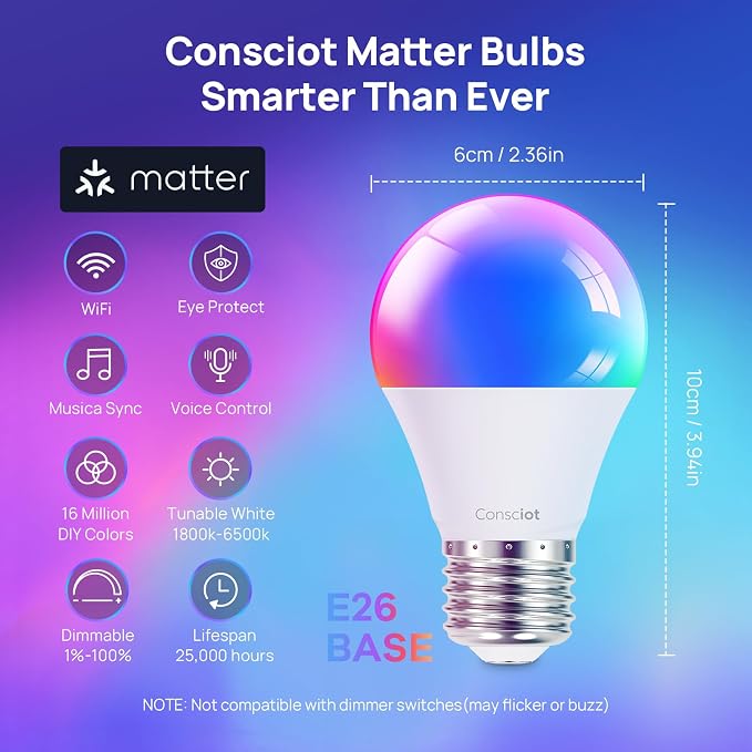 Consciot Smart Light Bulbs, WiFi Bluetooth Color Changing LED Light Bulb, Music Sync, 60W Equivalent Smart Bulb, A19 E26 RGBTW Light Bulbs That Works with Alexa/Google Home/Apple Home/Siri, 3 Pack