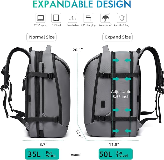 TANGCORLE Carry on Backpack Airline Approved for Men, Travel 50L Expandable backpack Luggage Fits 17.3 Inch Laptop with USB Charging Port(grey)