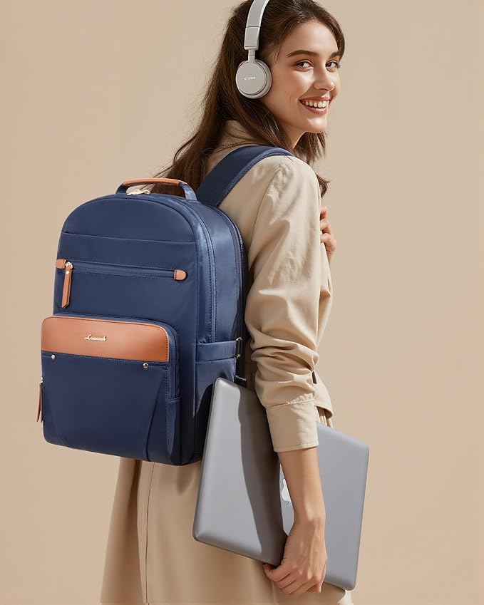 LOVEVOOK Laptop Backpack for Women with Leather Trim & Tumbler Pockets, 15.6" Work Backpack Purse, Travel Personal Item Bag, Carry On Business Computer Bag for Office, School, or Gift, Lustrous Indigo