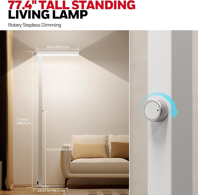 Honeywell 02E Sunturalux LED Floor Lamp 6000LM for Living Room | 4000K Daylight, CRI≥98, Flicker-Free, RG0, 60W Dimmable 77" Standing Light, for Bedroom, Home Office