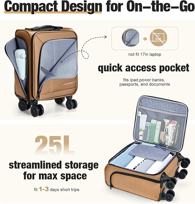 Softside Carry on Luggage Airline Approved, 17 Inch Underseat Carry-on Luggage with Removable Spinner Wheels, Small Personal Item Suitcase for Travel Business, (Brown, 17 inch_Underseat)