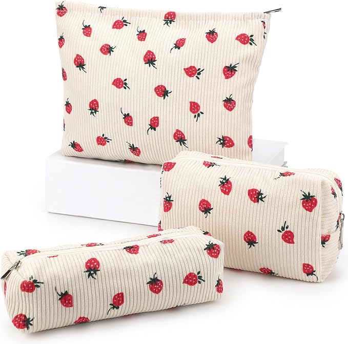 EIMMBD Makeup Bag 3 Pieces Large Capacity Cosmetic Bags Travel Toiletry Bag Organizer Cute Makeup Bag Storage for Women(Beige Strawberry)