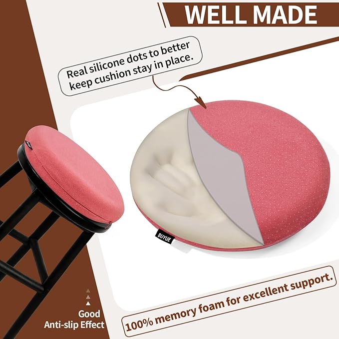 BUYUE Memory Foam Seat Cushion, Dia 15" Soft Velvet Round Stool Cushion Anti-Slip Chair Pads, M, Rose Pink