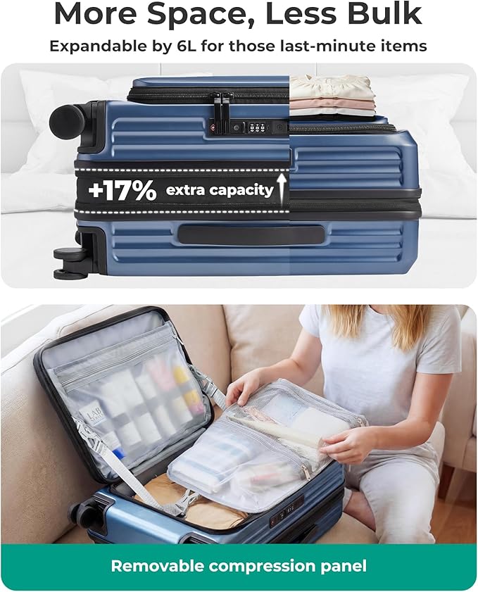 BAGSMART Top Opening Carry On Luggage 22x14x9 Airline Approved with TSA Lock, Expandable 20 Inch Deep Compartment Hard Shell Suitcases with Double Spinner Wheels, Blue