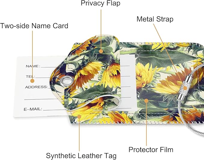 Fintie Luggage Tags, Privacy Cover ID Label with Stainless Steel Loop and Address Card for Travel Bag Suitcase - Sunflower (2 Piece)
