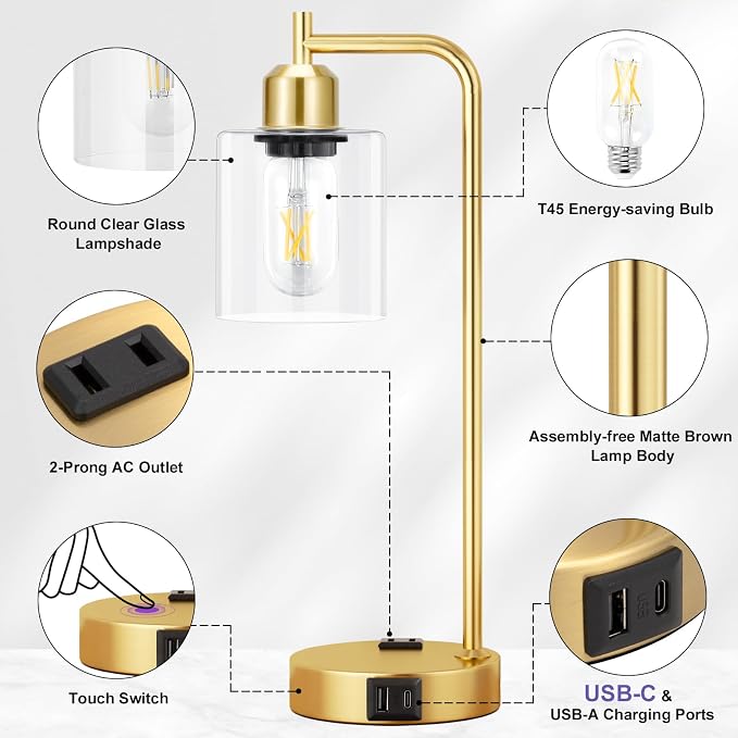 Innqoo Industrial Gold Table Lamp for Bedrooms Set of 2-3-Way Dimmable Desk Lamp with USB C+A Ports and Outlet, Gold Lamps with Clear Glass Shade for Living Room, Desk Lamps for Home Office