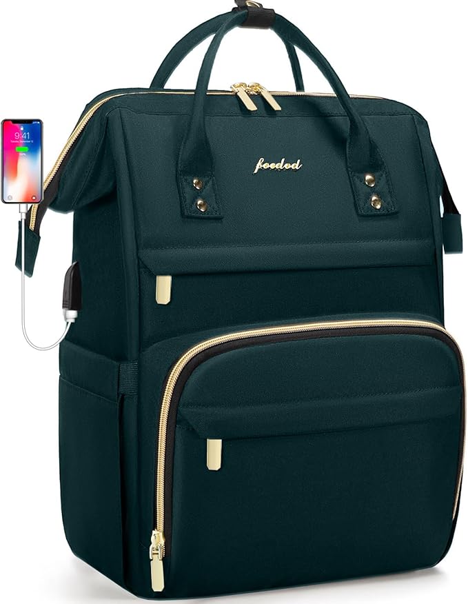 Focdod Women Laptop Backpack Work Bag - Fits 15.6 inch with Laptop Compartment Waterproof Professional Fashion Travel Purse for College Nurse Business Computer Backpack Dark Green
