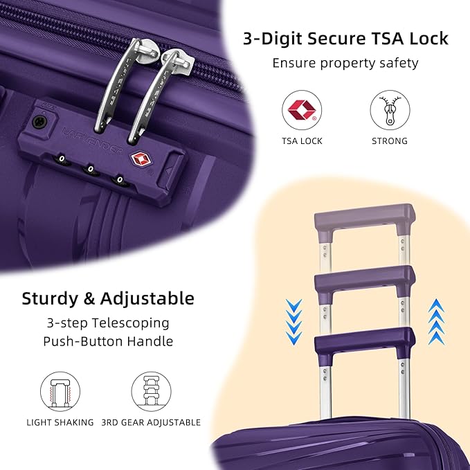 LARVENDER Luggage Sets 3 Piece, Expandable Carry On Luggage 22x14x9 Airline Approved, 20 Inch Hardshell & Lightweight PP Carry On Suitcase for Women with Spinner Wheels TSA Lock, Grape Purple