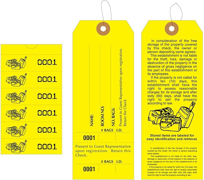 1000 Baggage Claim Check Tags with Manifold Construction for Multiple Bags. Yellow Stock, Printed in Black Ink with 6 Yellow Labels & Matching Numbers & Elastic String Attached. Size: 6 1/2" x 2 1/2"