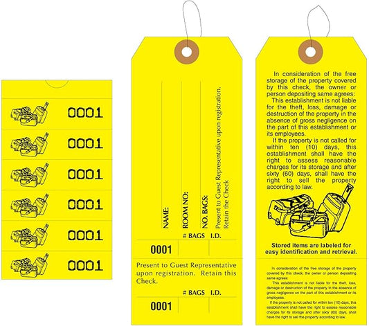 1000 Baggage Claim Check Tags with Manifold Construction for Multiple Bags. Yellow Stock, Printed in Black Ink with 6 Yellow Labels & Matching Numbers & Elastic String Attached. Size: 6 1/2" x 2 1/2"