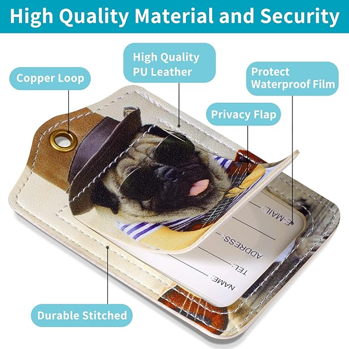 Fishent Luggage Tag (3 Pack) - PU Leather, Rectangular, Cute Animals, Privacy Flap - Travel Tags for Suitcases, Cruise, Backpack, Handbag, School Bag, Baggage Identifier