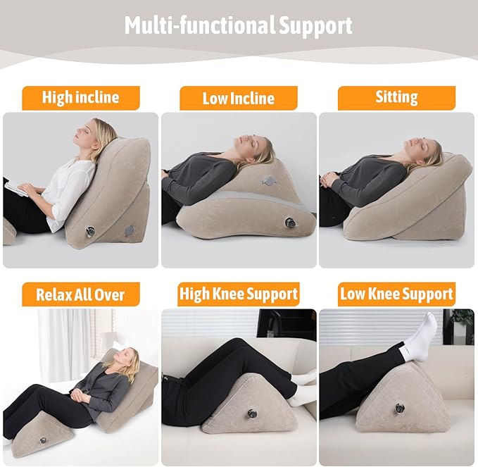 Inflatable Bed Wedge Pillow Set for Sleeping, 2PCS Inflatable Wedge Pillow for Traveling, Adjustable Back Pillow for Bed Sitting up, Reading, After Surgery, Knee & Back Pain, Acid Reflux, GERD, Grey