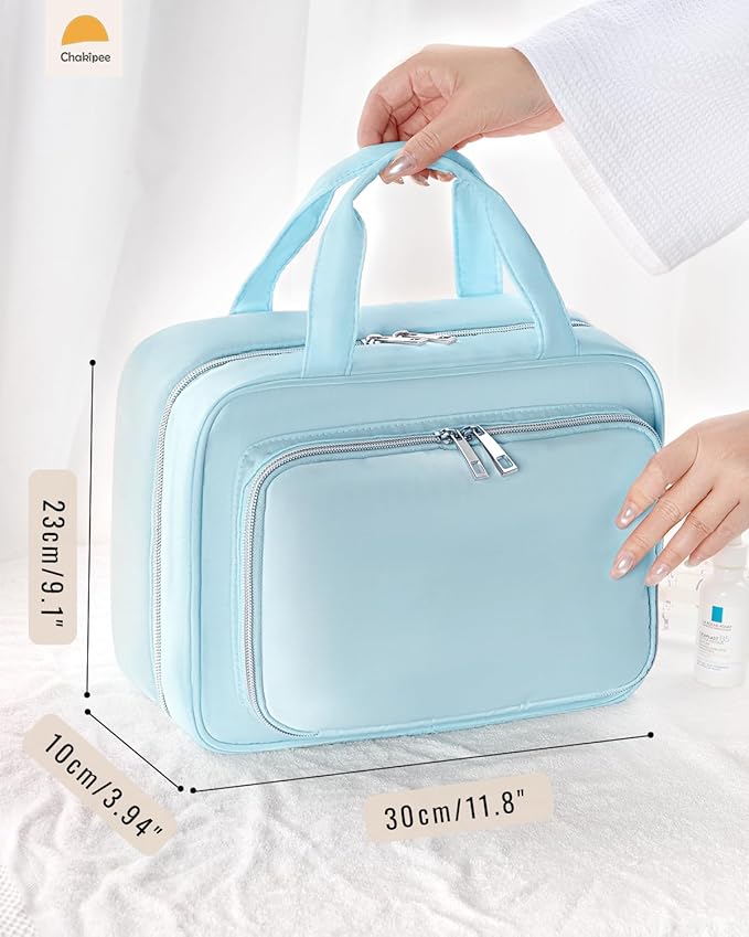 Travel Hanging Toiletry Bag for Women - Waterproof Cosmetic Organizer with Clear Window, Lightweight Bathroom Bags for Essentials, Makeup, Shampoo, Toiletries Blue,Large