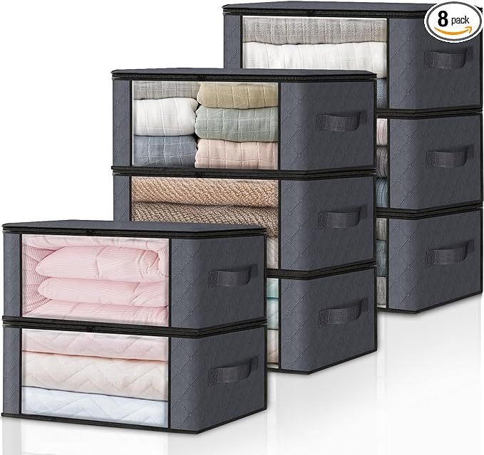 HomeHacks Storage 8-Pack Clothes Organizer Storage Bags Foldable Storage Box with Large Clear Window Sturdy Handles for Closet, Dorm, Pillows, Bedding, Clothes, Blankets, 35L, Grey