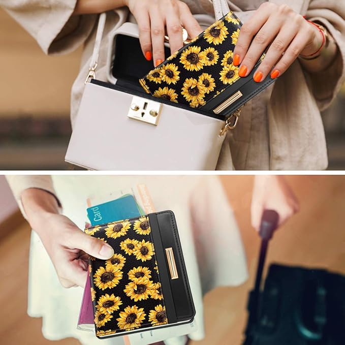 Coco Rossi Women's Black Floral Sunflower Passport Wallet Cover with RFID Blocking, 7 Compartments, 4 Card Slots, Magnetic Closure