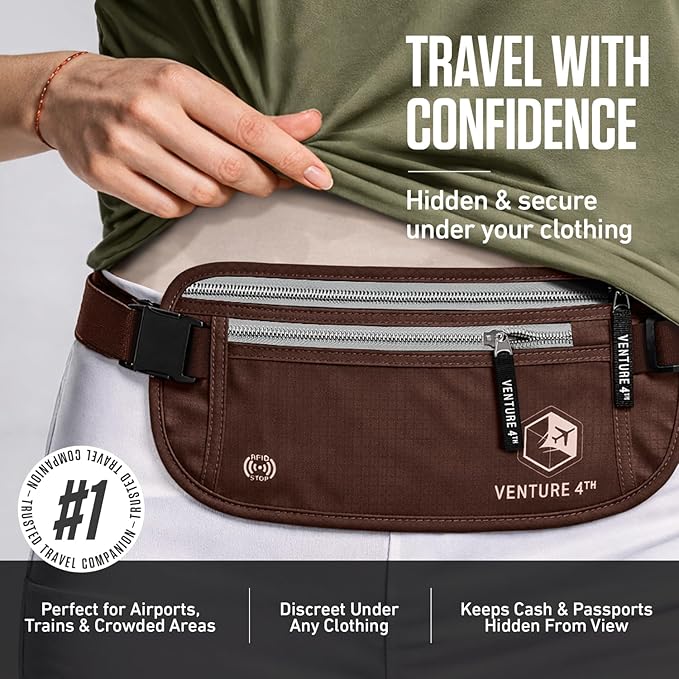 VENTURE 4TH Money Belt for Travel – Hidden Under-Clothes RFID Blocking Passport Holder & Slim Travel Wallet Pouch for Men & Women to Protect Cash, Cards & Documents (Brown)