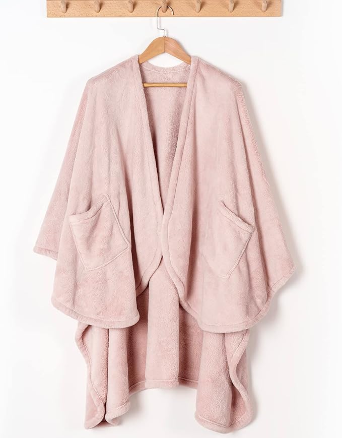 Berkshire Blanket Primalush™ Wearable Blanket, Cozy Loungewear Pocketed Plush Cape Wrap for Adults &Teens(Pink, One Size 58"X64")