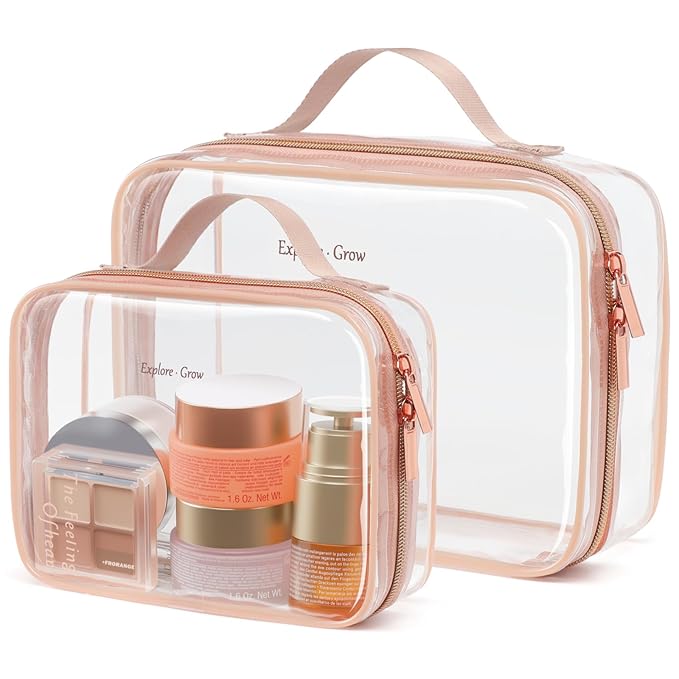 PACKISM Clear Makeup Bag Combo Pack, 1 TSA Approved Medium & Large for Checked Luggage, Clear Toiletry Bag with Handle, Water-resistant Travel Essentials Organizer, Rose Pink