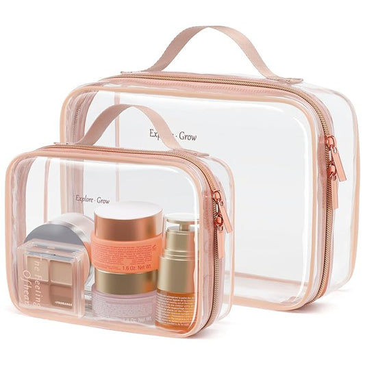 PACKISM Clear Makeup Bag Combo Pack, 1 TSA Approved Medium & Large for Checked Luggage, Clear Toiletry Bag with Handle, Water-resistant Travel Essentials Organizer, Rose Pink