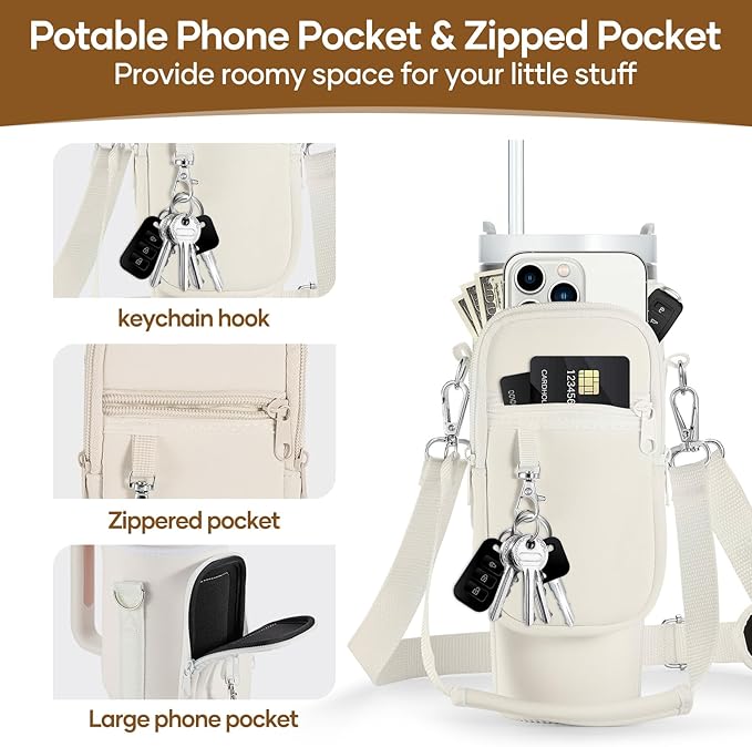 linmaya Water Bottle Carrier Bag for Stanley Cup 40/30oz with Phone Holder Pockets,Neoprene Water Bottle Cross-body Bag with Adjustable Shoulder & Hand Strap Stanley Cup Accessories