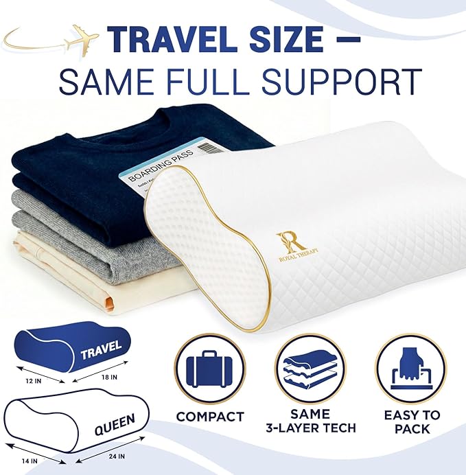 Royal Therapy Travel Memory Foam Pillow, Neck Pillow Bamboo Adjustable Side Sleeper Pillow (Travel 18 x 12 x 5)