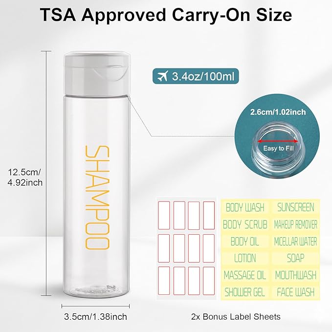 Cosywell Travel Bottles for Toiletries 5 Pack 3.4oz Pre-Printed Travel Size Containers TSA Approved Toiletry Bottles Wide Mouth Leak Proof Squeeze Bottle for Lotion Toothpaste(Clear)